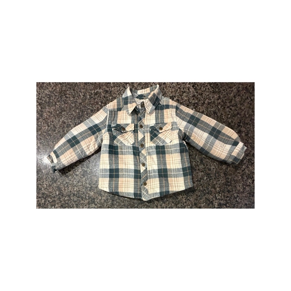 Tommy Bahama Boys 2T Plaid Flannel Sherpa Lined Shirt Jacket Green Tan Shacket